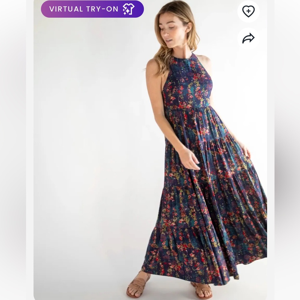 🪻 NATURAL LIFE Navy Floral Halter Tiered Open Back Maxi Dress large